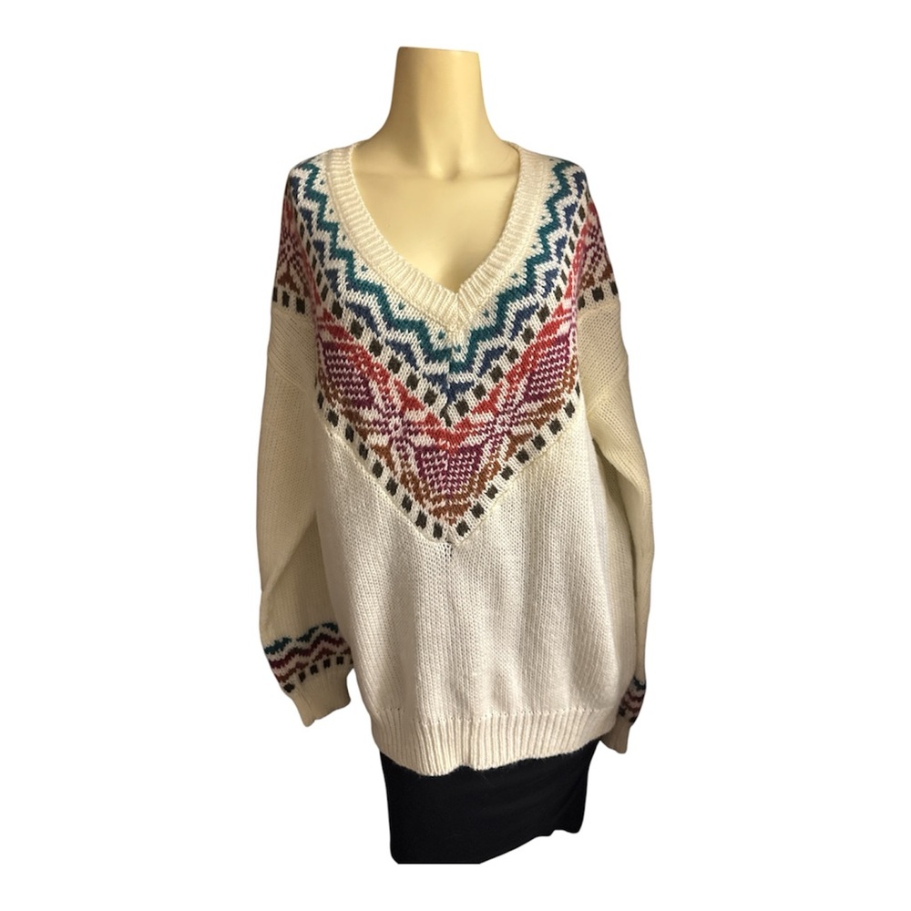 Vintage 80s Venezia Sweater Womens Acrylic Knit/woven L Cream V-Neck Fair Isle